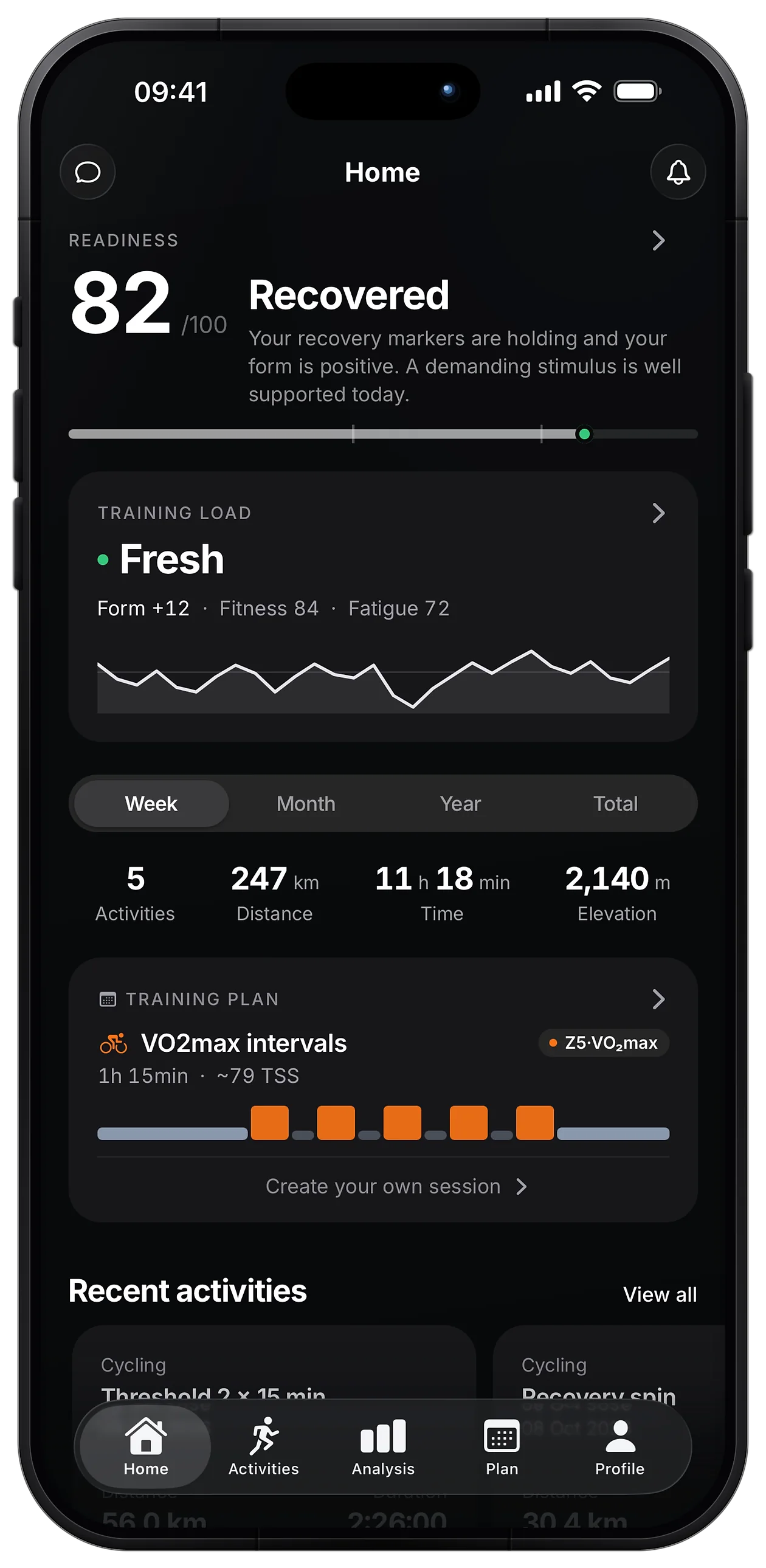 Home screen of the trace app with readiness and training plan