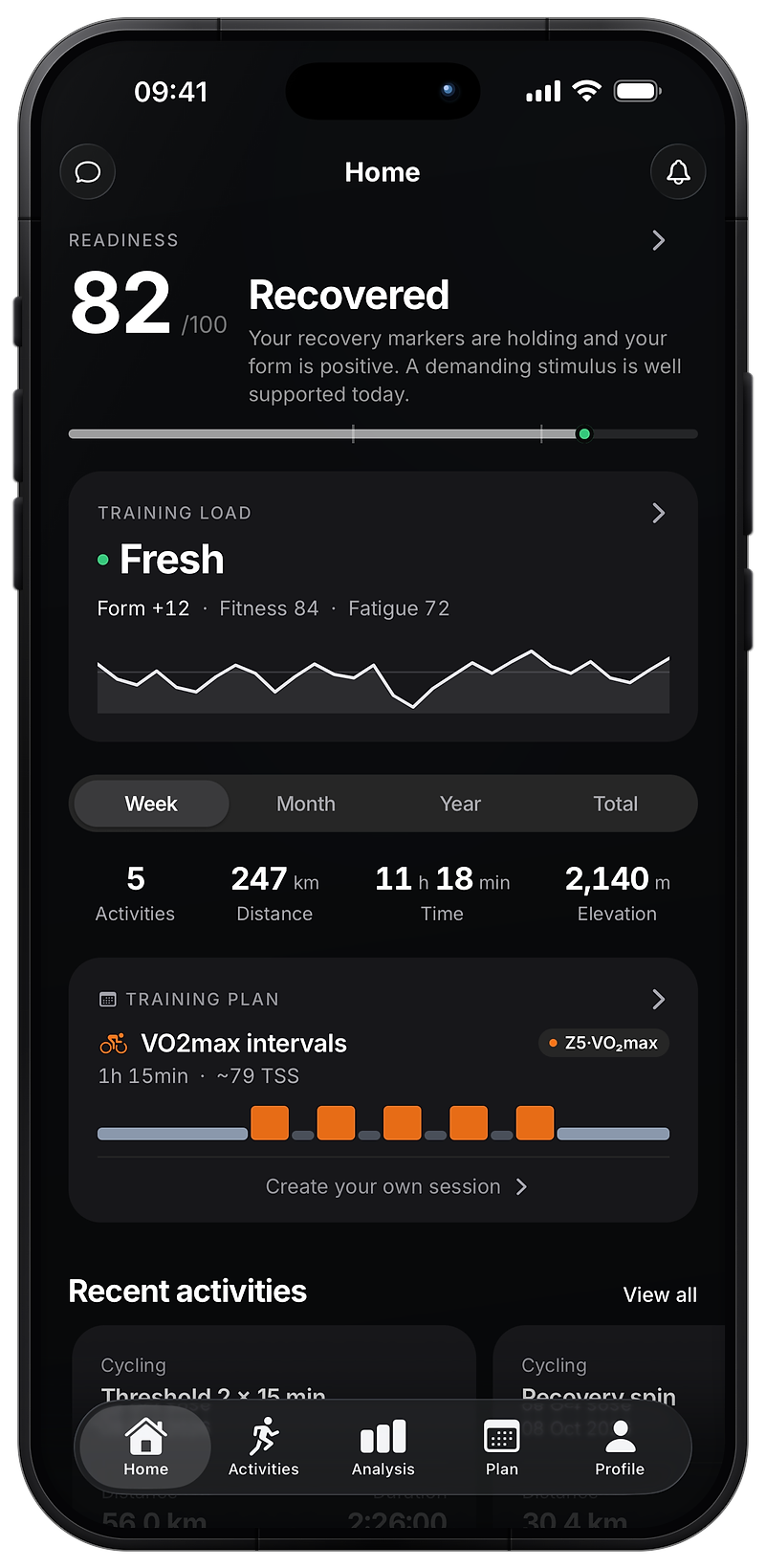 The trace app on iPhone: Home with readiness, training load and today's session