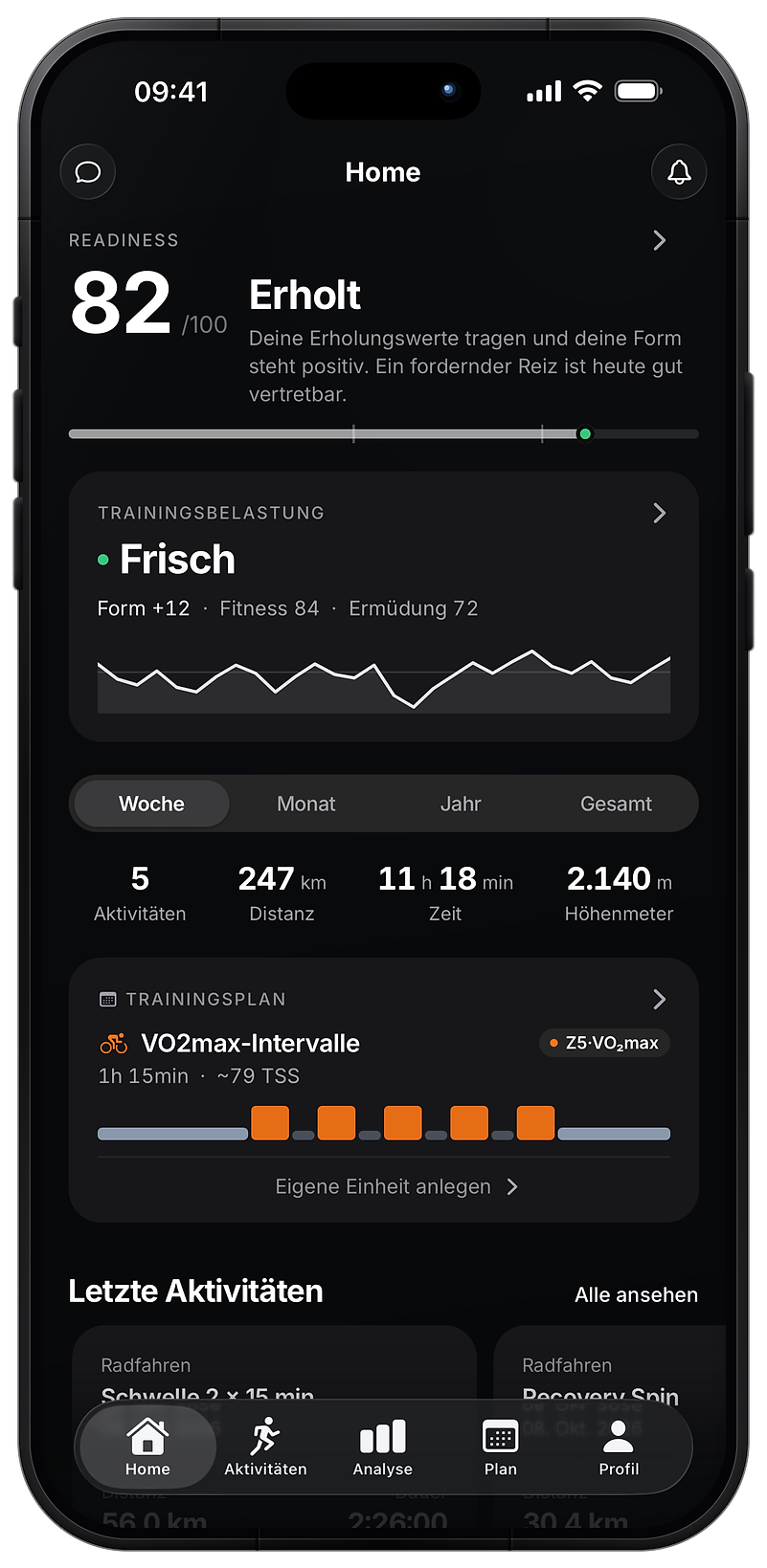 Die trace App auf dem iPhone: Home mit Readiness, Trainingsbelastung und der Einheit des Tages
